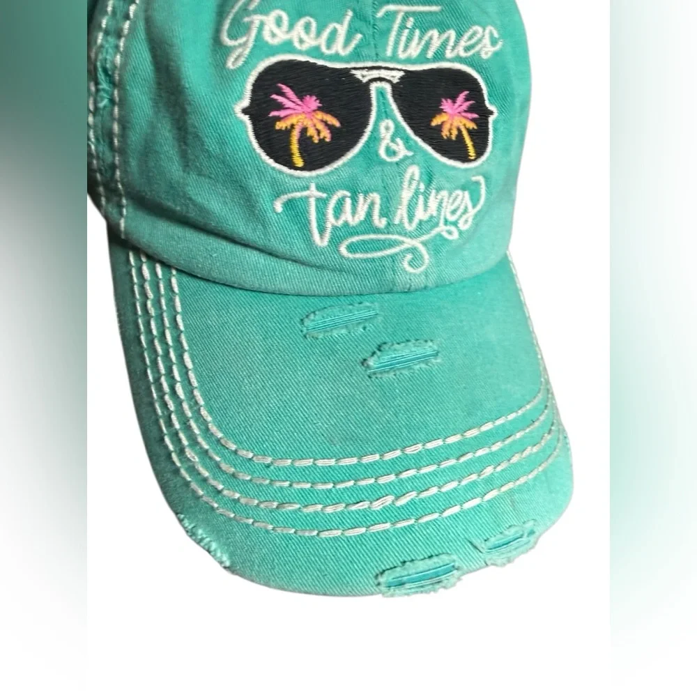 Good times & tan lines  🕶️🌴☀️distressed hat in aqua blue green with sunglasses